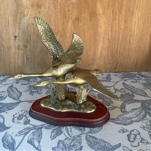 Vintage Brass Goose Sculpture on Wooden Base Birds in Flight MCM